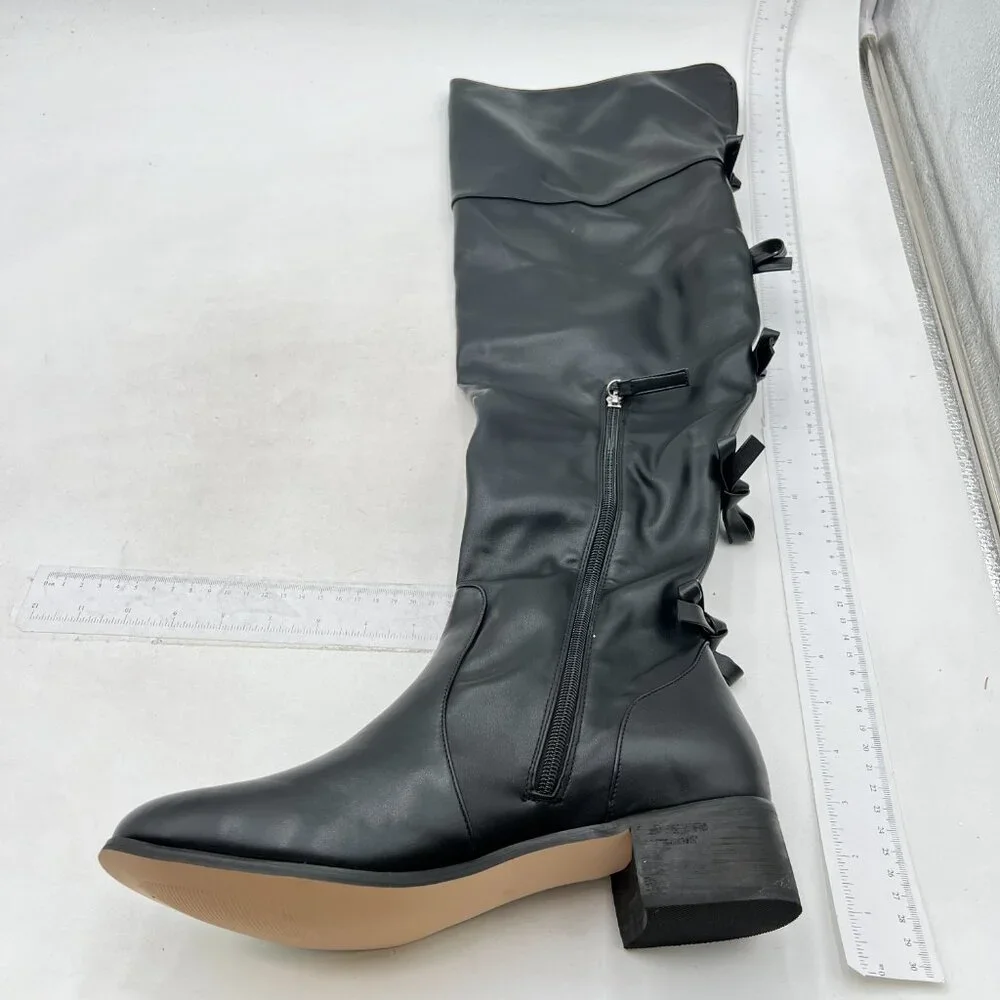 XYD Women Over The Knee Thigh High Leather Boots Chunky Heel Round Toe Black